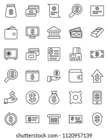 thin line vector icon set - certificate vector, bank, exchange, gold ingot, credit card, wallet, money bag, investment, dollar growth, check, search, safe, calendar, monitor, any currency, receipt
