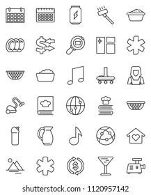 thin line vector icon set - vacuum cleaner vector, window cleaning, foam basin, agent, plates, woman, colander, cookbook, jug, music, exchange, enegry drink, calendar, glass, cargo search, internet