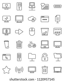 thin line vector icon set - trash bin vector, monitor dollar, heart, gamepad, notebook pc, favorites, hdmi, diagnostic, network, folder, cloud lock, server, browser, arrow, document, unlock, mouse