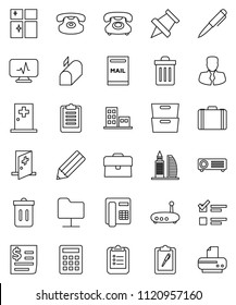 thin line vector icon set - trash bin vector, shining window, pencil, pen, clipboard, paper pin, archive, exam, manager, case, phone, receipt, classic, diagnostic monitor, medical room, router