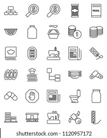 thin line vector icon set - toilet vector, washing powder, plates, colander, cookbook, jar, pasta, coin stack, money search, hierarchy, stadium, satellite, Railway carriage, newspaper, pills, stop