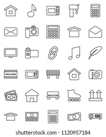 thin line vector icon set - welcome mat vector, pen, calculator, music, cash, roller Skates, money, dry cargo, top sign, monitor, link, mail, home, bench, water supply, microwave oven, camera, video