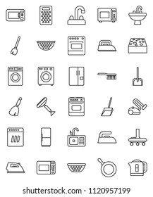 thin line vector icon set - scraper vector, broom, vacuum cleaner, fetlock, scoop, sponge, iron, washer, sink, water tap, pan, colander, grater, microwave oven, fridge, dishwasher, kettle