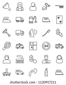 thin line vector icon set - scraper vector, vacuum cleaner, fetlock, car, window cleaning, iron, steaming, agent, shining, woman, dollar cursor, support, delivery, cargo search, doctor, amkbulance