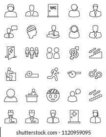 thin line vector icon set - water closet vector, student, manager, man, stairways run, support, client, speaking, doctor, gender sign, eye hat, head bandage, medical room, consumer