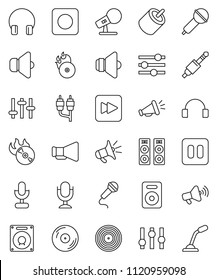 thin line vector icon set - disk vector, music hit, microphone, speaker, loudspeaker, settings, headphones, pause button, forward, rec, rca, jack, equalizer