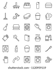 thin line vector icon set - broom vector, vacuum cleaner, mop, bucket, sponge, car fetlock, steaming, washer, washing powder, cleaning agent, rubber glove