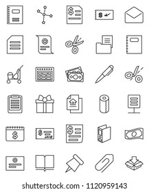 thin line vector icon set - cleaner trolley vector, toilet paper, book, copybook, pen, schedule, clipboard, pin, certificate, document, constellation, cash, check, annual report, binder, money, mail