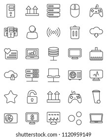 thin line vector icon set - trash bin vector, laptop graph, monitor dollar, heart, support, top sign, gamepad, favorites, diagnostic, notebook network, server, cloud lock, big data, lan connector