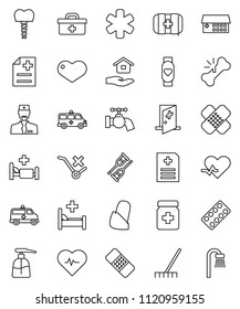 thin line vector icon set - rake vector, water tap, liquid soap, house hold, heart pulse, monitor, first aid kit, no trolley, doctor bag, ambulance star, crutches, broken bone, patch, pills bottle