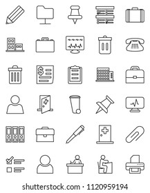 thin line vector icon set - trash bin vector, pencil, student, case, pen, exam, binder, receipt, clipboard, classic phone, thumbtack, diagnostic monitor, medical room, network folder, attachment