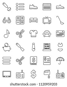 thin line vector icon set - spatula vector, ladle, mixer, glasses, scissors, abacus, music, piggy bank, annual report, tie, calendar, dollar sign, snickers, swimsuite, t shirt, umbrella, radio, tv
