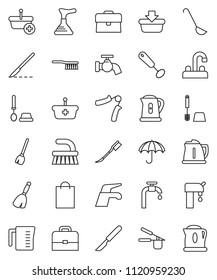 thin line vector icon set - plunger vector, broom, water tap, fetlock, car, toilet brush, kettle, measuring cup, cook press, whisk, ladle, case, hand trainer, umbrella, scalpel, supply, shopping bag