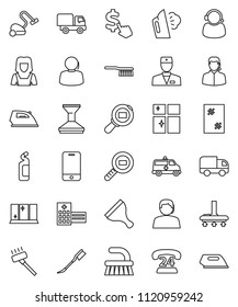 thin line vector icon set - scraper vector, vacuum cleaner, fetlock, car, window cleaning, iron, steaming, agent, shining, woman, dollar cursor, phone 24, support, cargo search, mobile, doctor