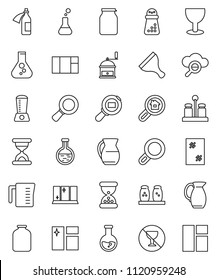 thin line vector icon set - scraper vector, window cleaning, shining, measuring cup, hand mill, spices, jug, jar, magnifier, flask, no alcohol sign, glass, cargo search, sand clock, potion, cloud