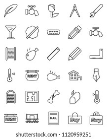 thin line vector icon set - water tap vector, splotch, washboard, thermometer, chicken leg, pen, pencil, corner ruler, drawing compass, Railway carriage, glass, tulip, hdmi, broken bone, cottage
