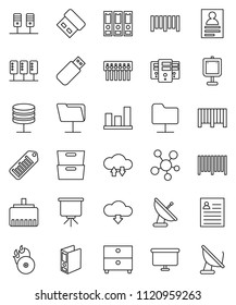 thin line vector icon set - presentation vector, archive, personal information, graph, binder, board, barcode, music hit, social media, server, network folder, cloud exchange, hub, lan connector