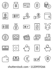 thin line vector icon set - dollar coin vector, credit card, wallet, cash, money bag, piggy bank, investment, stack, check, receipt, shield, any currency, euro sign, yen