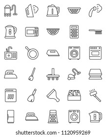 thin line vector icon set - scraper vector, broom, vacuum cleaner, fetlock, sponge, iron, steaming, sink, pan, kettle, colander, grater, washer, fridge, dishwasher, microwave oven