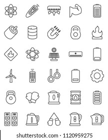 thin line vector icon set - kettle vector, atom, magnet, weight, muscule hand, boxing glove, gymnast rings, flammable, oil barrel, remote control, battery, rca, gear, solar panel, windmill, speaker