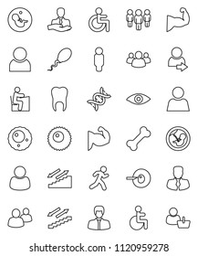 thin line vector icon set - student vector, manager, man, muscule hand, stairways run, bone, client, group, disabled, eye, dna, pregnancy, insemination, sperm, ovule, tooth, user, login, customer