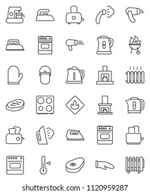 thin line vector icon set - iron vector, steaming, camping cauldron, kettle, cook glove, toaster, oven, thermometer, bbq, steak, flammable, fireplace, heating, coffee maker, hair dryer, heater