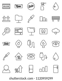 thin line vector icon set - water drop vector, welcome mat, sprayer, percent growth, consolidated cargo, top sign, sorting, classic phone, magnifier, dropper, counter, network folder, bench, fridge