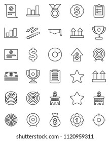 thin line vector icon set - graduate hat vector, clipboard, award cup, certificate, graph, pie, money bag, dollar growth, bank building, target, medal, sign, stairways run, top, favorites, coin