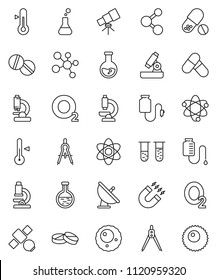 thin line vector icon set - thermometer vector, drawing compass, atom, telescope, microscope, magnet, flask, pills, molecule, oxygen, satellite, antenna, vial, drop counter, ovule