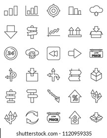 thin line vector icon set - graph vector, crisis, percent growth, dollar, target, arrow down, route, signpost, top sign, package, sorting, backward button, cloud exchange, refresh, upload, 24 hour