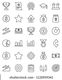 thin line vector icon set - graduate hat vector, clipboard, award cup, certificate, graph, pie, japanese candle, money bag, dollar growth, target, medal, cent sign, stairways run, top, favorites