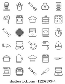 thin line vector icon set - pan vector, cook hat, apron, glove, timer, whisk, spatula, knife, grater, oven, double boiler, cookbook, sieve, mixer, multi cooker, toaster