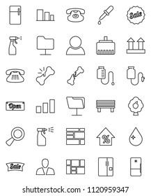thin line vector icon set - water drop vector, sprayer, percent growth, consolidated cargo, top sign, sorting, classic phone, magnifier, dropper, broken bone, counter, network folder, lan connector