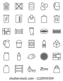 thin line vector icon set - bucket vector, trash bin, garbage pile, measuring cup, jug, sieve, jar, enegry drink, water bottle, sea container, port, wood box, consolidated cargo, package, oil barrel