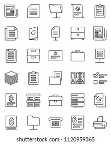 thin line vector icon set - case vector, clipboard, certificate, document, archive, exam, annual report, binder, receipt, newspaper, network folder, big data, estate, catalog, printer