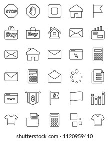 thin line vector icon set - calculator vector, flag, dollar, document, equalizer, mail, stop button, browser, home, loading, house, buy, clothes