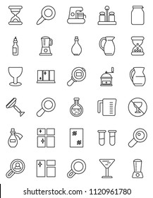 thin line vector icon set - scraper vector, window cleaning, shining, oil, measuring cup, hand mill, spices, jug, jar, magnifier, no alcohol sign, glass, cargo search, flask, vial, sand clock