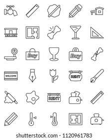 thin line vector icon set - water tap vector, splotch, welcome mat, rolling pin, thermometer, pen, pencil, corner ruler, glass, tulip, big scales, Railway carriage, broken bone, cottage, plan, buy