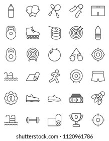 thin line vector icon set - award cup vector, target, barbell, stadium, weight, jump rope, hand trainer, fitball, snickers, boxing glove, shorts, roller Skates, medal, sports nutrition, water bottle