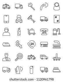 thin line vector icon set - scraper vector, vacuum cleaner, fetlock, window cleaning, steaming, agent, woman, dollar cursor, phone 24, support, delivery, car, cargo search, mobile, doctor, trolley