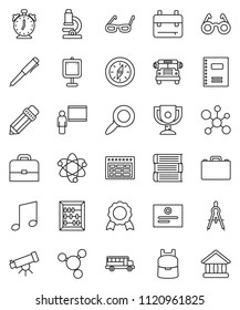 thin line vector icon set - book vector, copybook, pencil, blackboard, drawing compass, glasses, case, backpack, atom, pen, telescope, microscope, alarm clock, schedule, award cup, medal, school bus