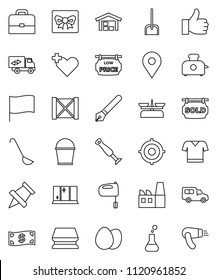 thin line vector icon set - scoop vector, bucket, sponge, shining window, ladle, mixer, egg, pen, case, paper pin, flag, target, t shirt, map, car, wood box, finger up, heart cross, flask, barn