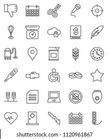 thin line vector icon set - vacuum cleaner vector, pen, notebook pc, scissors, document, crisis, annual report, calendar, heart pulse, punching bag, sports nutrition, cereals, no fastfood, map pin