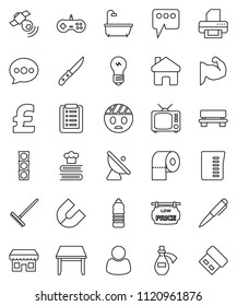 thin line vector icon set - rake vector, toilet paper, measuring cup, knife, cookbook, pen, magnet, pound, muscule hand, water bottle, traffic light, satellite antenna, satellitie, tv, potion, home