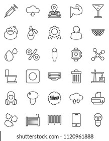 thin line vector icon set - soap vector, trash bin, toilet, plates, cleaner woman, garbage pile, colander, mushroom, medal, man, muscule hand, heart monitor, navigator, support, glass, mobile phone