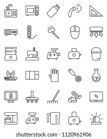 thin line vector icon set - vacuum cleaner vector, rake, bucket, steaming, rubber glove, sink, measuring cup, skimmer, toaster, microwave oven, double boiler, corner ruler, flask, monitor dollar