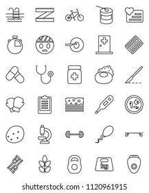 thin line vector icon set - soap vector, potato, barbell, measuring, stopwatch, clipboard, bike, weight, boxing glove, skateboard, pills, sports nutrition, cereals, breads, pool, heart monitor