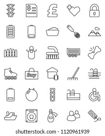 thin line vector icon set - fetlock vector, rake, foam basin, apron, skimmer, annual report, pound, fitball, roller Skates, pool, traffic light, ship, truck trailer, group, battery, disabled, potion