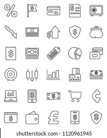 thin line vector icon set - graph vector, pie, cart, japanese candle, laptop, credit card, cash, crisis, dollar growth, annual report, receipt, target, flag, shield, safe, calendar, pound, cent sign