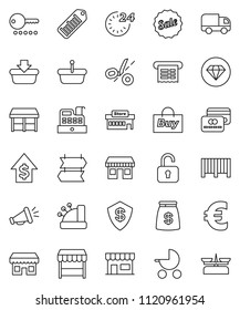 thin line vector icon set - dollar growth vector, euro sign, office, barcode, credit card, money bag, sale, 24 hour, market, store, mall, buy, cashbox, receipt, basket, delivery, loudspeaker, unlock